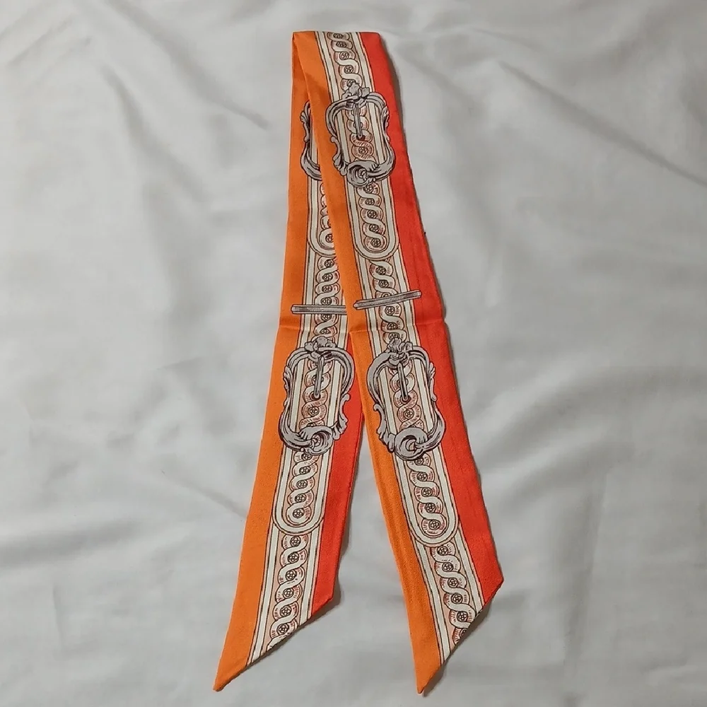 Hermes "Bride De Cour" Orange Twilly Scarf - Picture 3 of 5